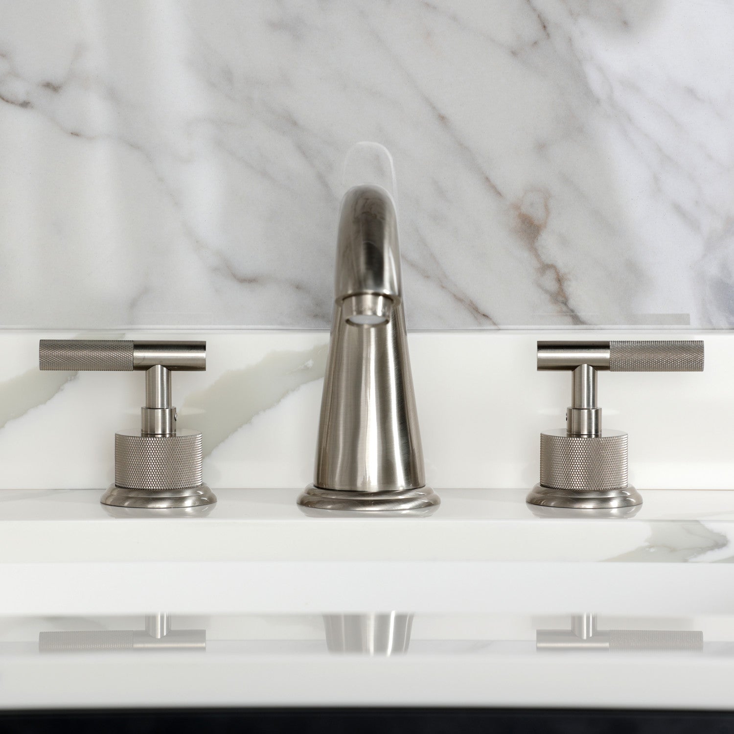 Kingston Tulare KS2968KNL - Convergent Two-Handle 3-Hole Deck Mount Widespread Bathroom Faucet with Knurled Handle and Brass Pop-Up, Brushed Nickel — thumbnail 3